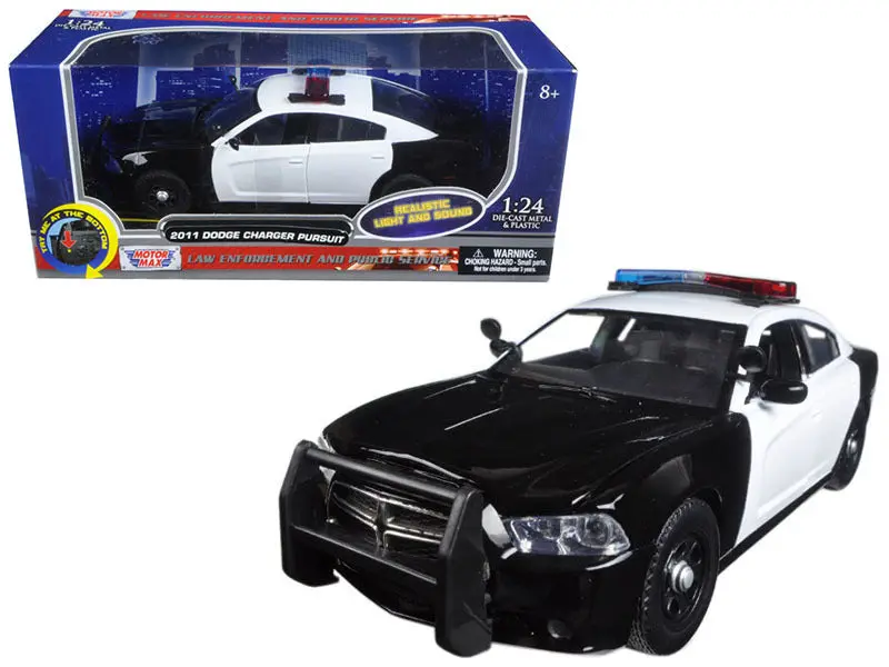 2011 Dodge Charger Pursuit Police Car Black And White With Flashing Light Bar, Front And Rear Lights And 2 Sounds 1/24 Diecast Model Car By Motormax 1