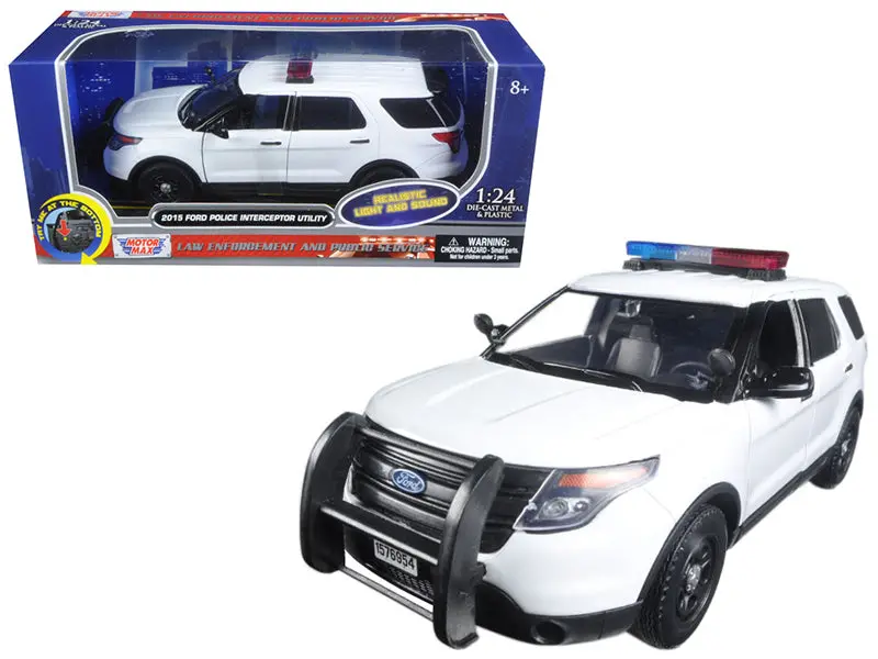 2015 Ford Police Interceptor Utility White With Flashing Light Bar And Front And Rear Lights With 2 Sounds 1/24 Diecast Model Car By Motormax 1