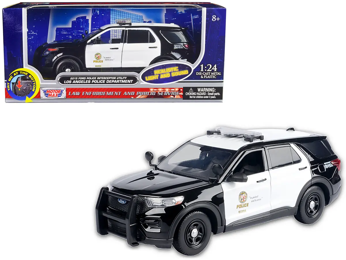 2015 Ford Police Interceptor Utility Black And White "Los Angeles Police Department (Lapd)" With Flashing Light Bar And Front And Rear Lights And Sounds 1/24 Diecast Model Car By Motormax 1