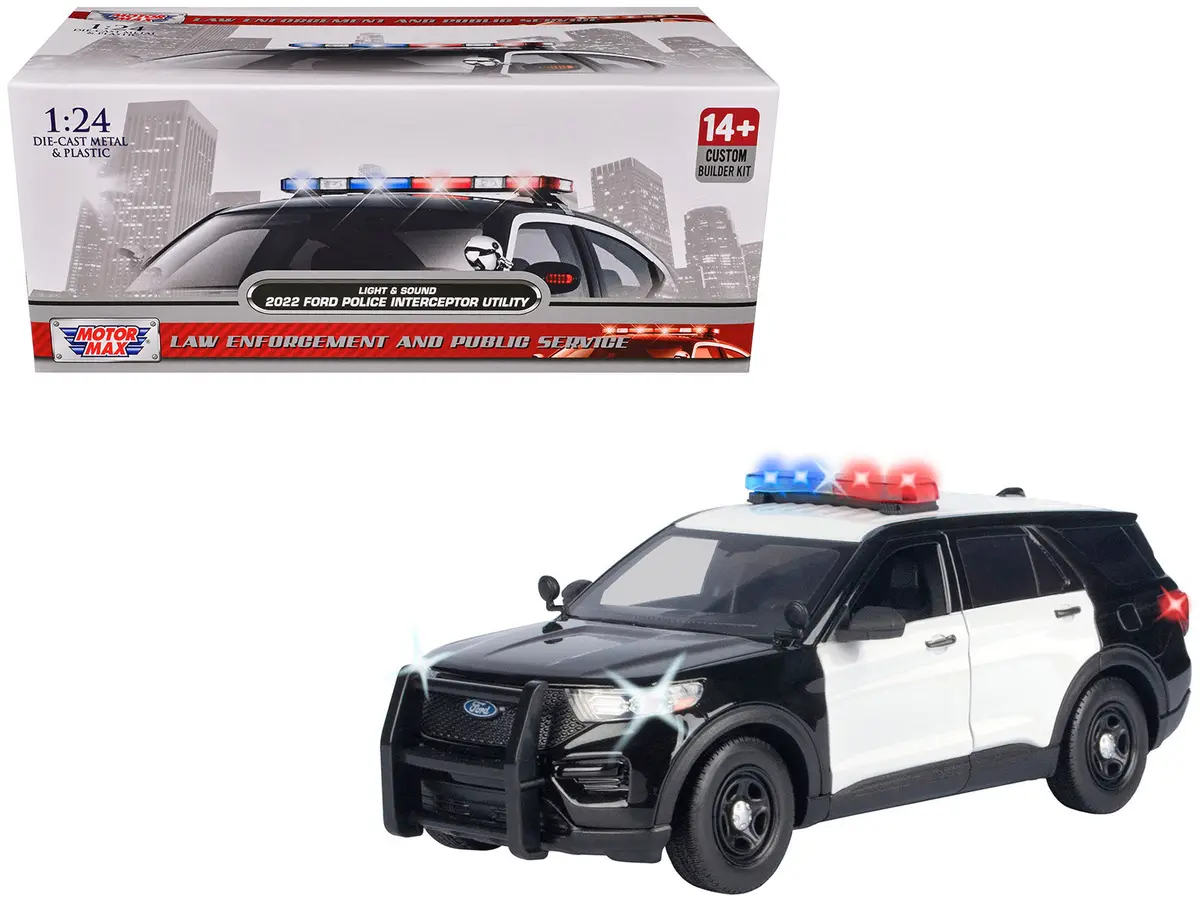 2022 Ford Police Interceptor Utility Black And White "Builder's Kit" With Flashing Light Bar And Front And Rear Lights And Sounds 1/24 Diecast Model By Motormax 1