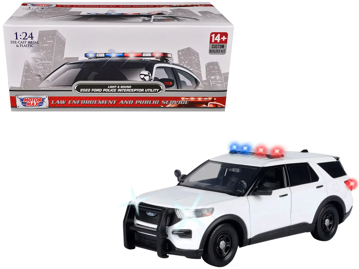 2022 Ford Police Interceptor Utility Plain White "Builder's Kit" With Flashing Light Bar And Front And Rear Lights And Sounds 1/24 Diecast Model By Motormax 1