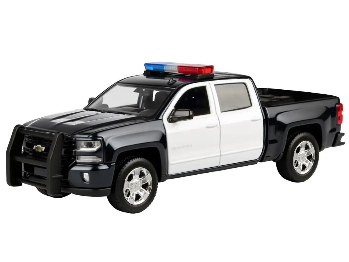 2017 Chevrolet Silverado 1500 Lt Z71 Crew Cab Pickup Truck Black And White With Flashing Light Bar And Front And Rear Lights And Sounds 1/27 Diecast Model By Motormax 2