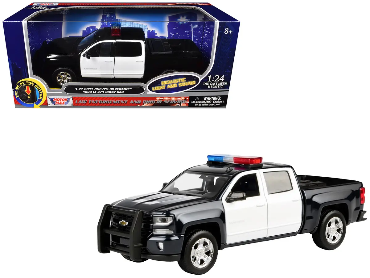 2017 Chevrolet Silverado 1500 Lt Z71 Crew Cab Pickup Truck Black And White With Flashing Light Bar And Front And Rear Lights And Sounds 1/27 Diecast Model By Motormax 1