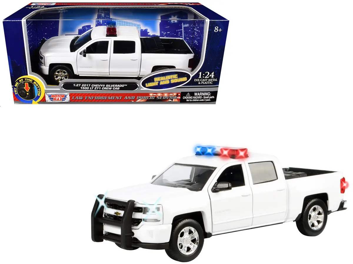 2017 Chevrolet Silverado 1500 Lt Z71 Crew Cab Pickup Truck White With Flashing Light Bar And Front And Rear Lights And Sounds 1/27 Diecast Model Car By Motormax 1
