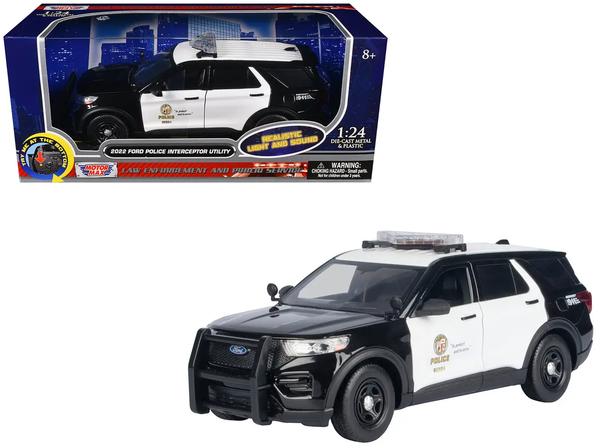 2022 Ford Police Interceptor Utility Black And White "Los Angeles Police Department (Lapd)" With Flashing Light Bar And Front And Rear Lights And Sounds 1/24 Diecast Model Car By Motormax 1