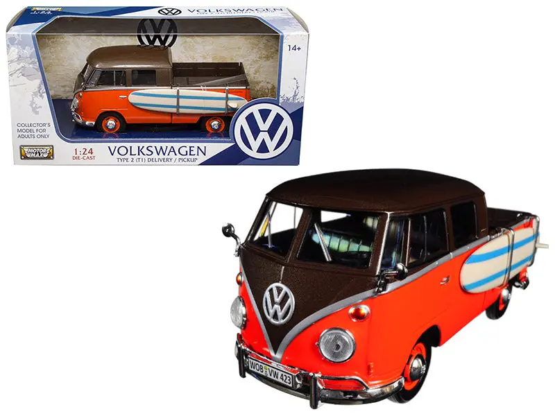 Volkswagen Type 2 (T1) Pickup With Surfboard Brown And Orange 1/24 Diecast Model Car By Motormax 1