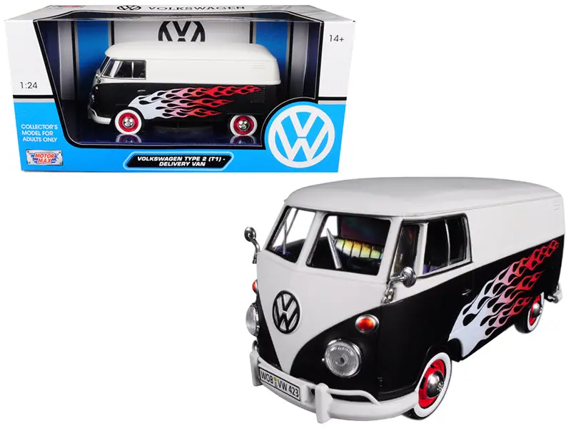 Volkswagen Type 2 (T1) Delivery Van With Flames 1/24 Diecast Model By Motormax 1