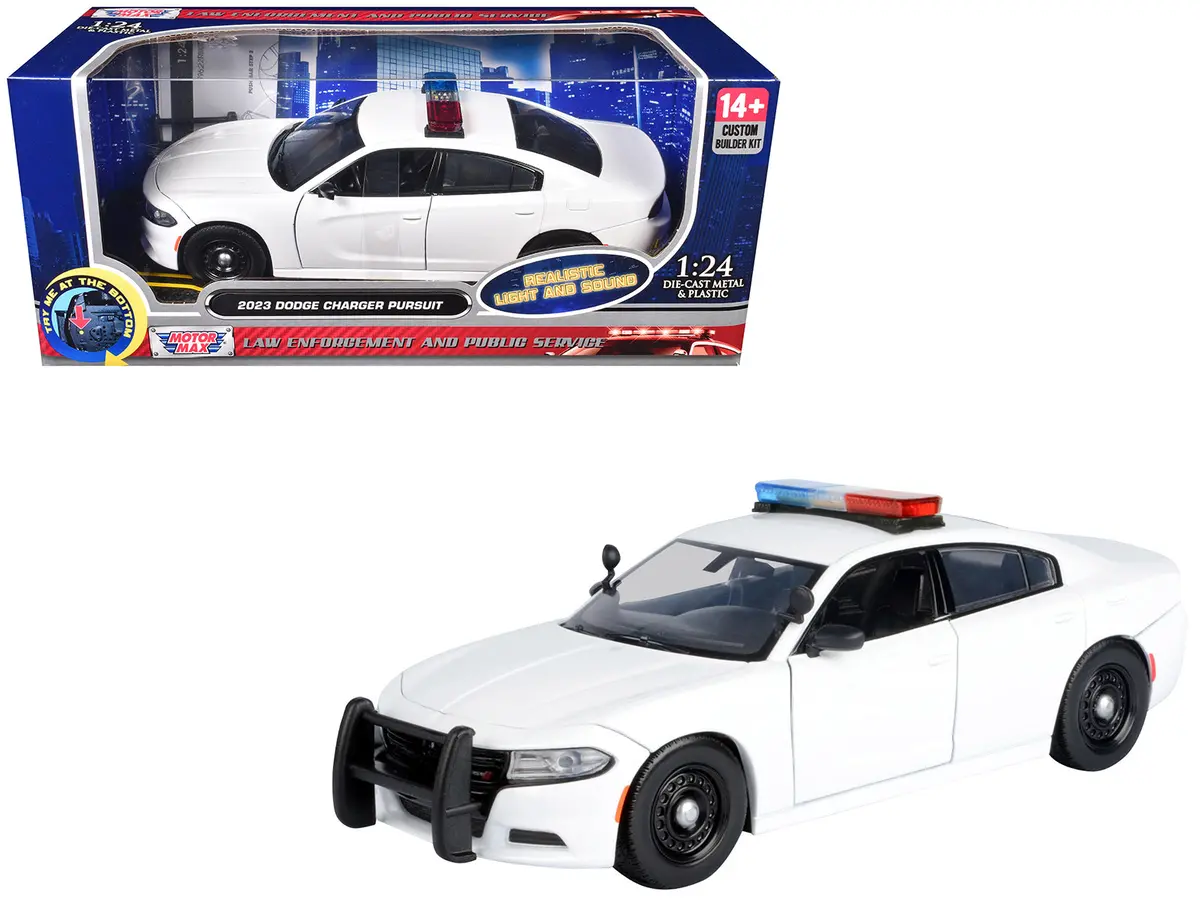 2023 Dodge Charger Pursuit Police Car Unmarked White With Flashing Light Bar Front And Rear Lights And 2 Sounds "Builder's Kit" 1/24 Diecast Model Car By Motormax 1