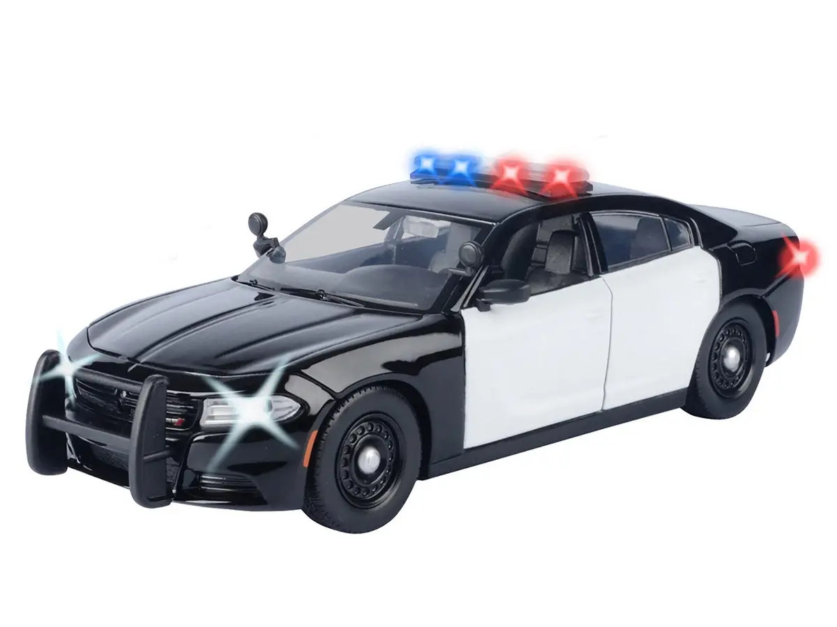 2023 Dodge Charger Pursuit Police Car Black And White With Flashing Light Bar Front And Rear Lights And 2 Sounds "Builder's Kit" 1/24 Diecast Model Car By Motormax 2