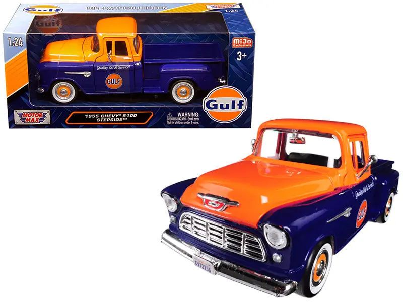 1955 Chevrolet 5100 Stepside Pickup Truck "Gulf" Dark Blue And Orange 1/24 Diecast Model By Motormax 1