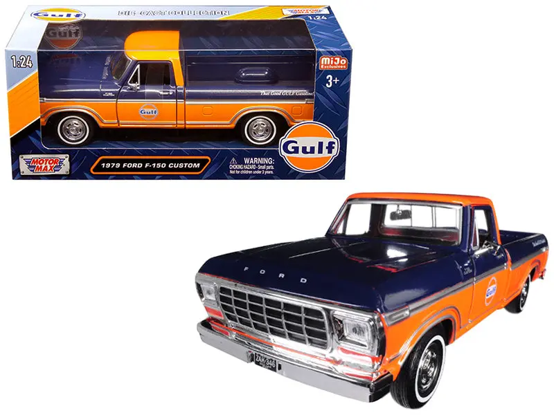 1979 Ford F-150 Custom Pickup Truck "Gulf" Dark Blue And Orange 1/24 Diecast Model By Motormax 1