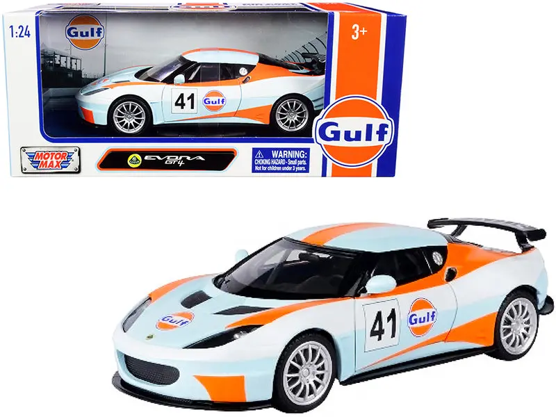 Lotus Evora Gt4 #41 "Gulf Oil" Light Blue With White And Orange Stripes 1/24 Diecast Model Car By Motormax 1