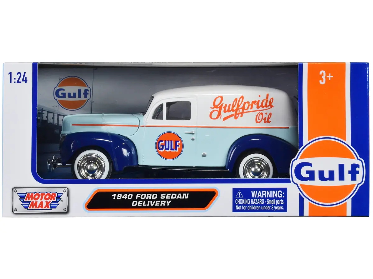 1940 Ford Sedan Delivery Light Blue And White "Gulf Oil-Gulfpride" 1/24 Diecast Model By Motormax 1