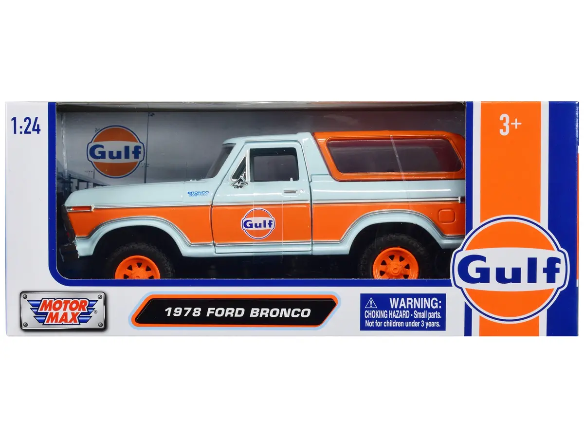 1978 Ford Bronco Light Blue And Orange "Gulf Oil" 1/24 Diecast Model By Motormax 1