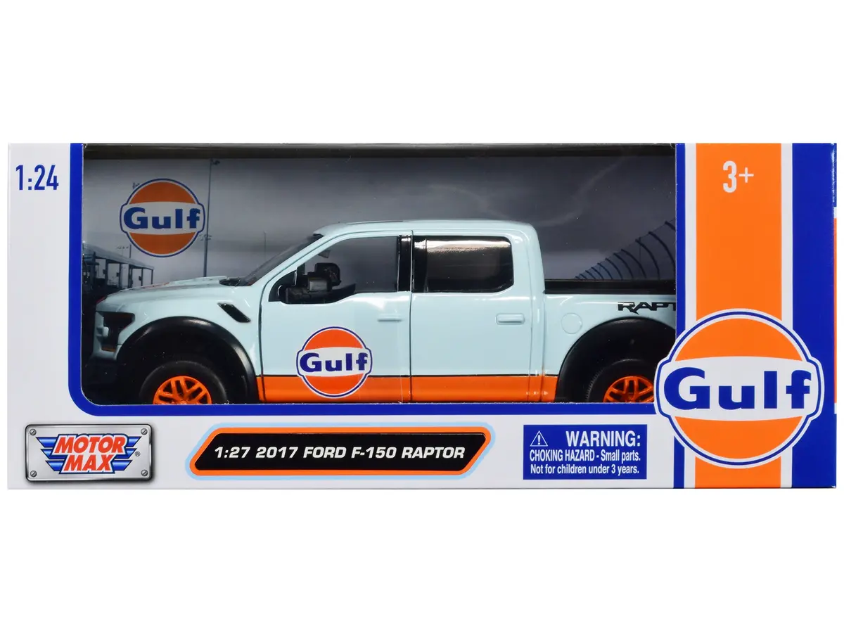 2017 Ford F-150 Raptor Pickup Truck Light Blue With Orange Stripes "Gulf Oil" "Gulf Die-Cast Collection" 1/27 Diecast Model By Motormax 1