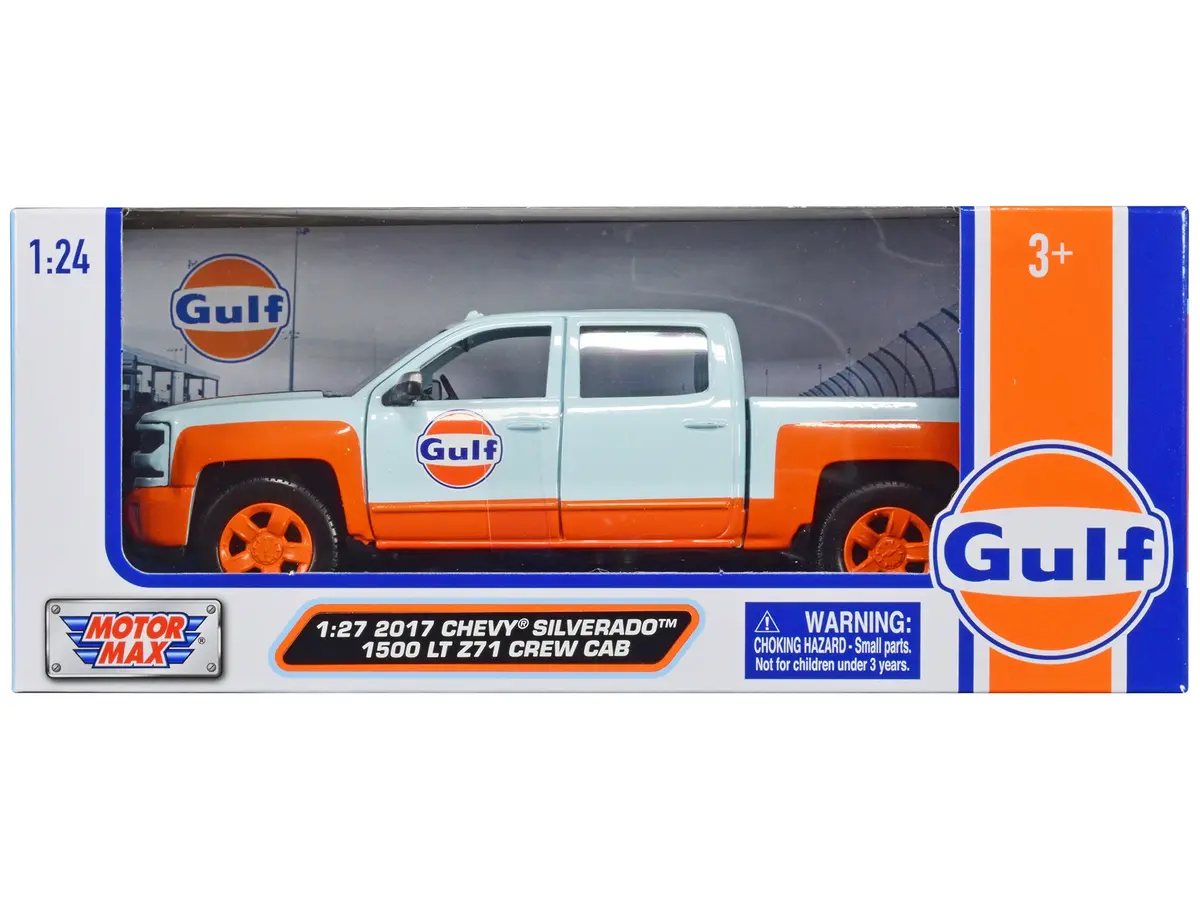 2017 Chevrolet Silverado 1500 Lt Z71 Crew Cab Pickup Truck Light Blue With Orange Stripes "Gulf Oil" 1/27 Diecast Model By Motormax 1