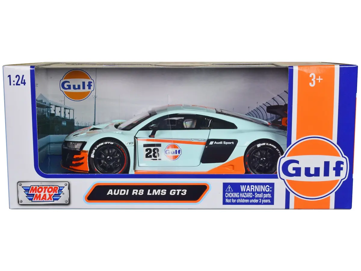 Audi R8 Lms Gt3 #28 Light Blue With Orange Stripes "Gulf Oil" 1/24 Diecast Model Car By Motormax 1