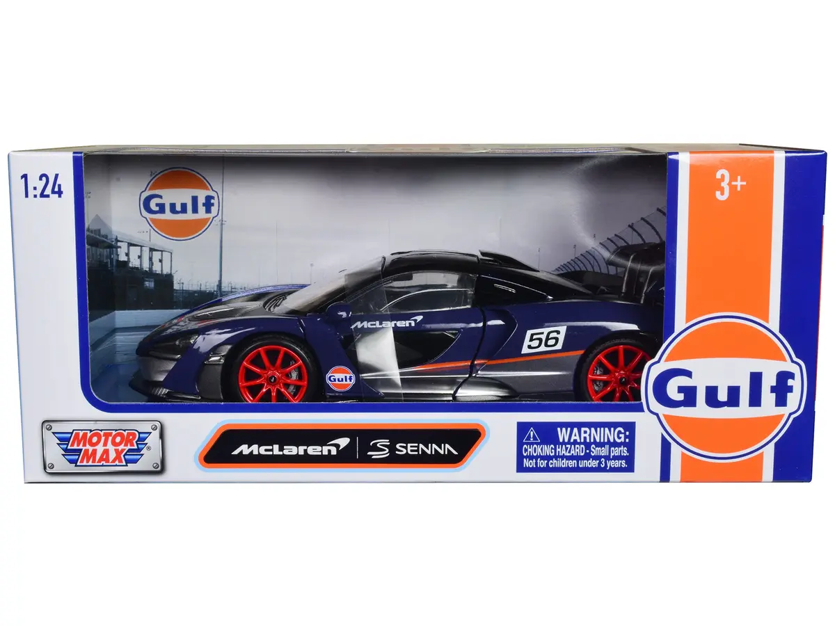 Mclaren Senna #56 Dark Blue And Silver With Orange Stripes "Gulf Oil" 1/24 Diecast Model Car By Motormax 1