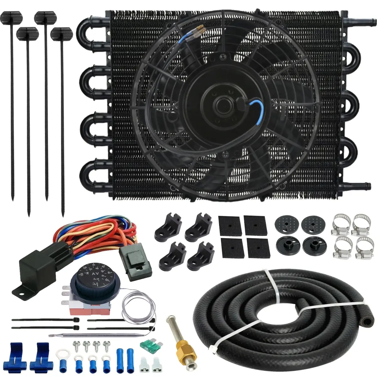 8 Row 3/8 Transmission Oil Cooler Electric Fan Adjustable Thermostat Wiring Kit 1