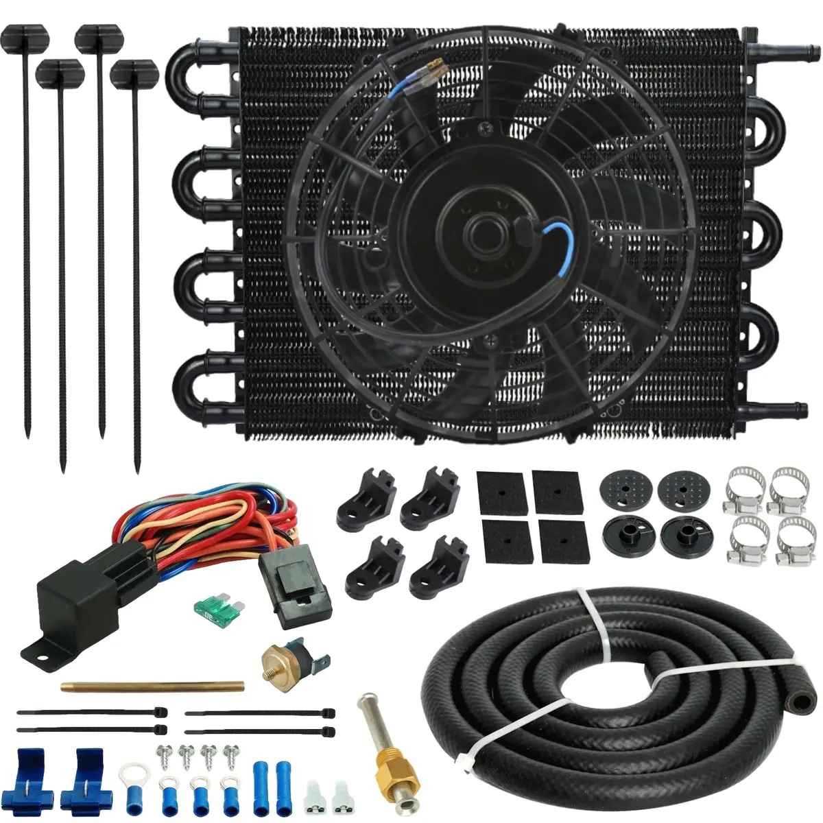 8 Row 3/8 Transmission Oil Cooler Electric Fan Push-In Probe Thermostat Kit 1