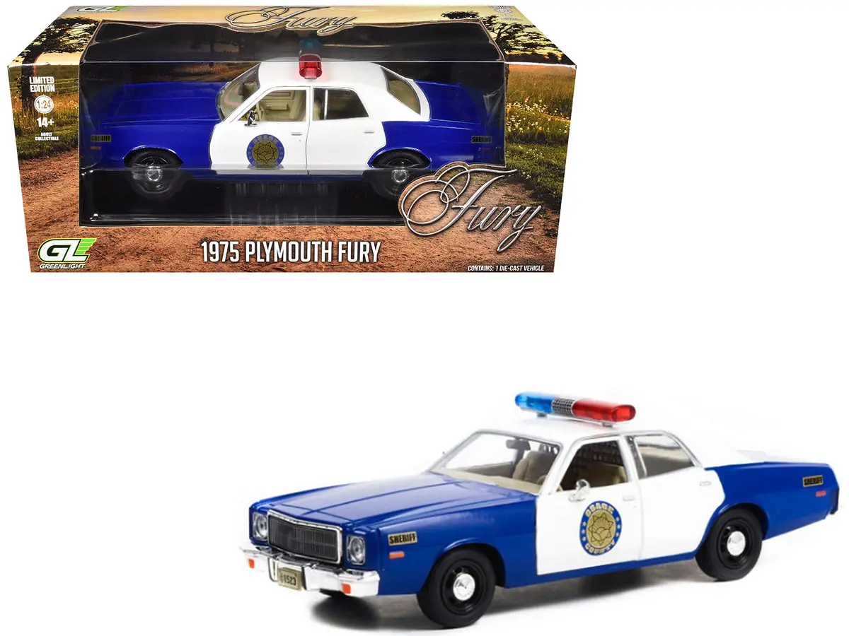 1975 Plymouth Fury "Osage County Sheriff" Blue And White 1/24 Diecast Model Car By Greenlight 1