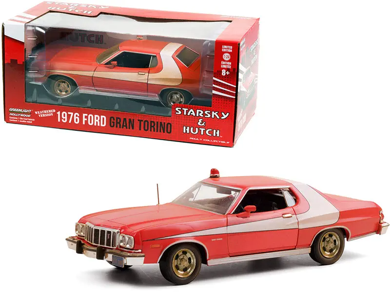 1976 Ford Gran Torino Red With White Stripe (Weathered Version) "Starsky And Hutch" (1975-1979) Tv Series 1/24 Diecast Model Car By Greenlight 1