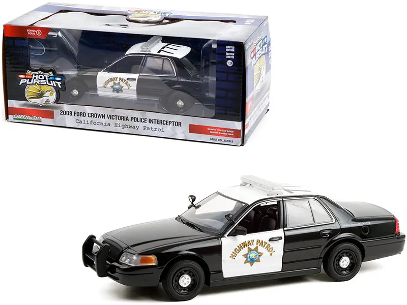 2008 Ford Crown Victoria Police Interceptor Black And White "California Highway Patrol - Chp" "Hot Pursuit" Series 1/24 Diecast Model Car By Greenlight 1