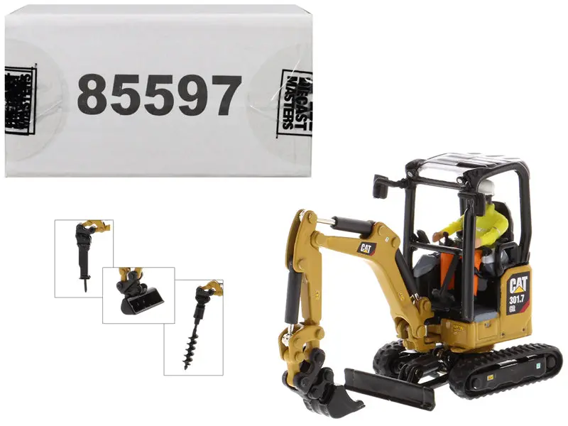 Cat Caterpillar 301.7 Cr Next Generation Mini Hydraulic Excavator With Work Tools And Operator High Line Series 1/50 Diecast Model By Diecast Masters 1