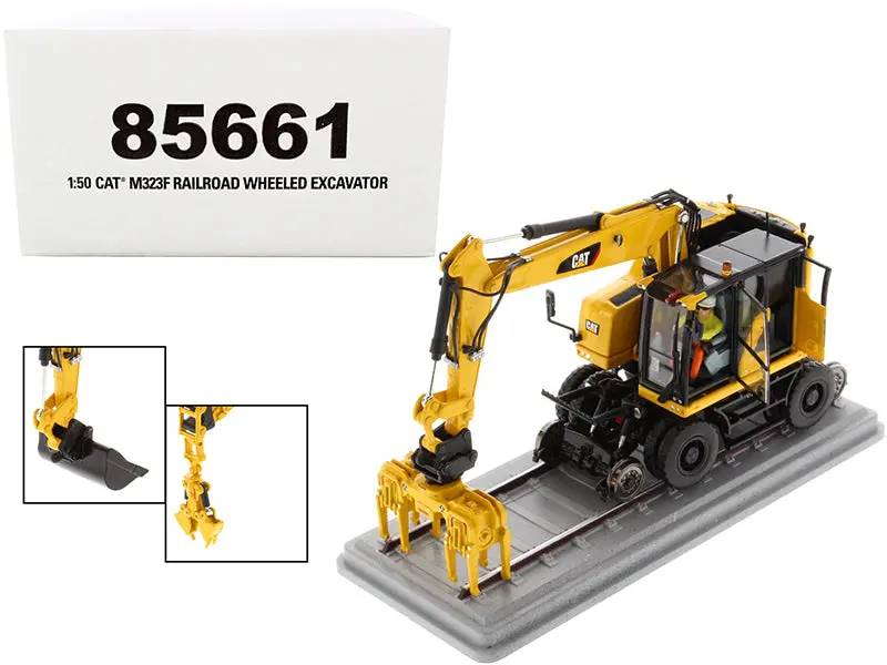 Cat Caterpillar M323f Wheeled Excavator With Operator And 3 Work Tools Safety Yellow Version High Line Series 1/50 Diecast Model By Diecast Masters 1
