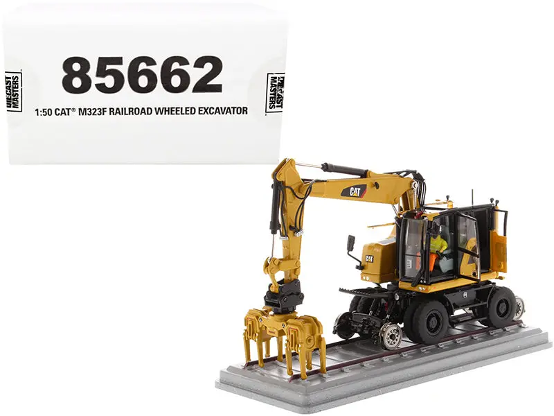 Cat Caterpillar M323f Railroad Wheeled Excavator With Operator And 3 Work Tools (Cat Yellow Version) High Line Series 1/50 Diecast Model By Diecast Masters 1
