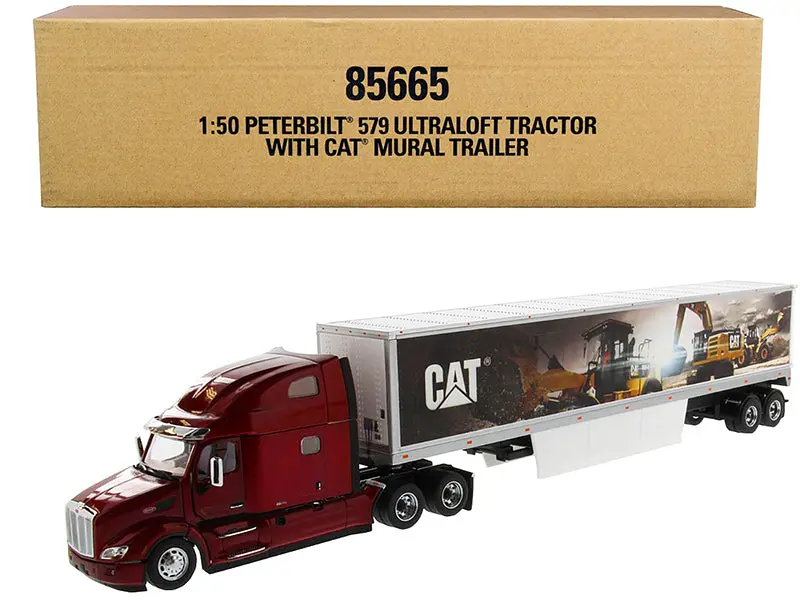 Peterbilt 579 Ultraloft Truck Tractor Red With "Cat Caterpillar" Mural Dry Van Trailer "Transport Series" 1/50 Diecast Model By Diecast Masters 1