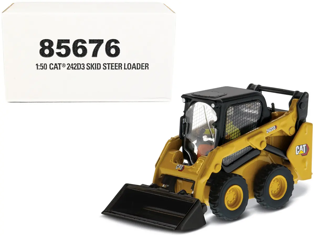 Cat Caterpillar 242D3 Wheeled Skid Steer Loader With Work Tools And Operator Yellow High Line Series 1/50 Diecast Model By Diecast Masters 1