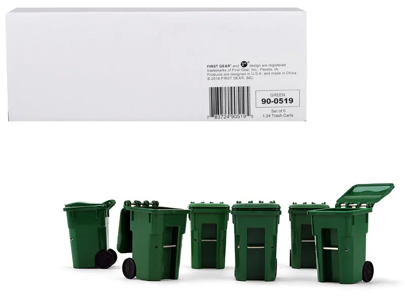 Green Garbage Trash Bin Container Replicas (6 Piece Set) 1/34 Models By First Gear 1