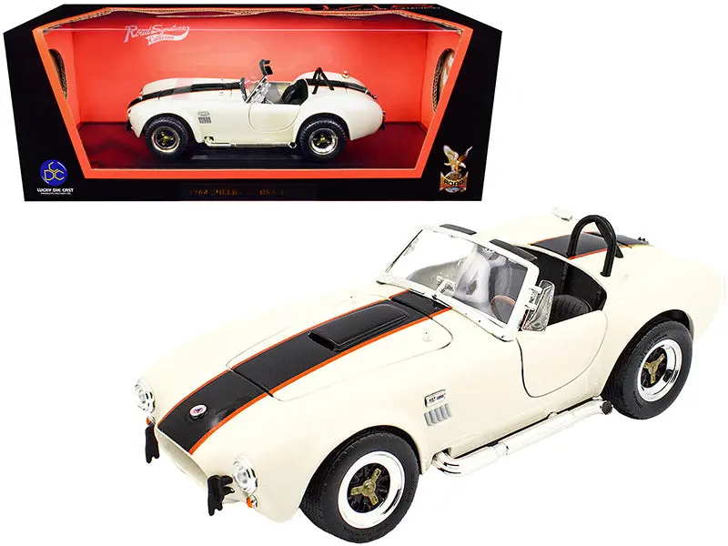 1964 Shelby Cobra 427 S/C Roadster Cream With Black And Orange Stripes 1/18 Diecast Model Car By Road Signature 1