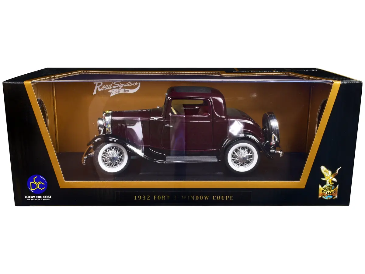 1932 Ford 3-Window Coupe Burgundy With Black Top 1/18 Diecast Model Car By Road Signature 1
