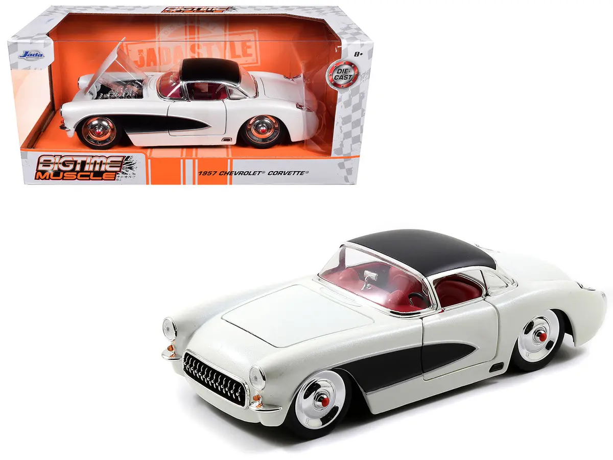 1957 Chevrolet Corvette Satin Cream Metallic With Matte Black Top And Side 1/24 Diecast Model Car By Jada 1