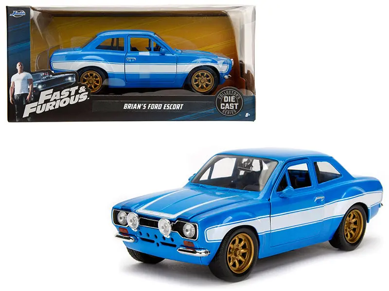 1970 Brian's Ford Escort Blue With White Stripes "Fast & Furious" Movie 1/24 Diecast Model Car By Jada 1