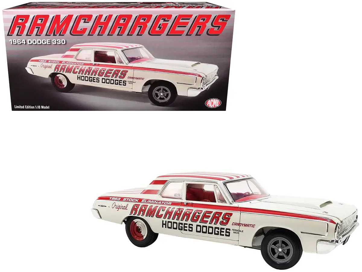 1964 Dodge 330 "Ramchargers" White With Red Graphics And Stripes Limited Edition To 504 Pieces Worldwide 1/18 Diecast Model Car By Acme 1