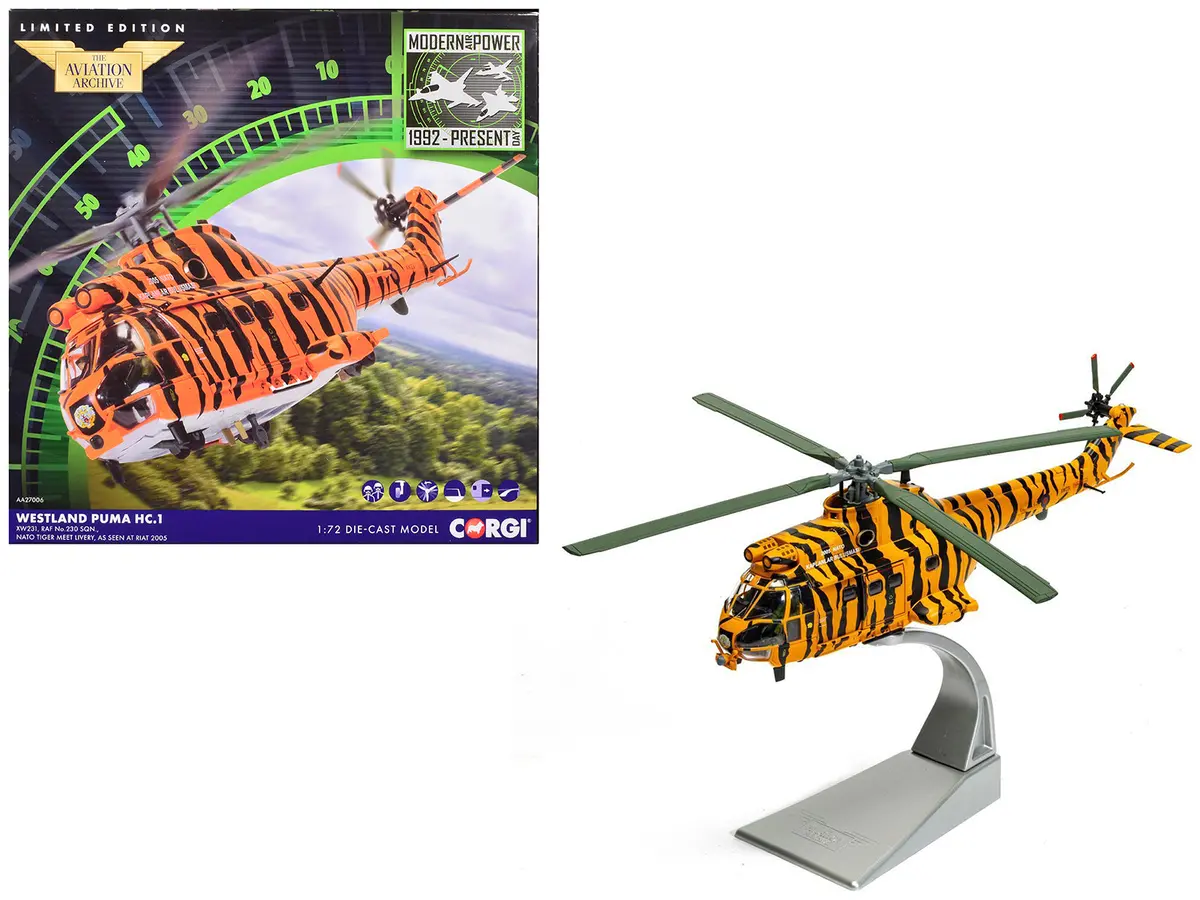 Westland Puma Hc-1 Helicopter "No. 230 Squadron Nato Tiger Meet Livery Riat" (2005) Royal Air Force "The Aviation Archive" Series 1/72 Diecast Model By Corgi 1
