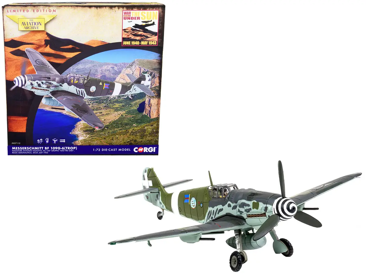 Messerschmitt Me109g-6 (Trop) Fighter Aircraft "Maggiore Antonio Vizzotto 150 Gruppo Gigi Tre Osei Regia Aeronautica Sicily" (July 1943) "The Aviation Archive" Series 1/72 Diecast Model By Corgi 1