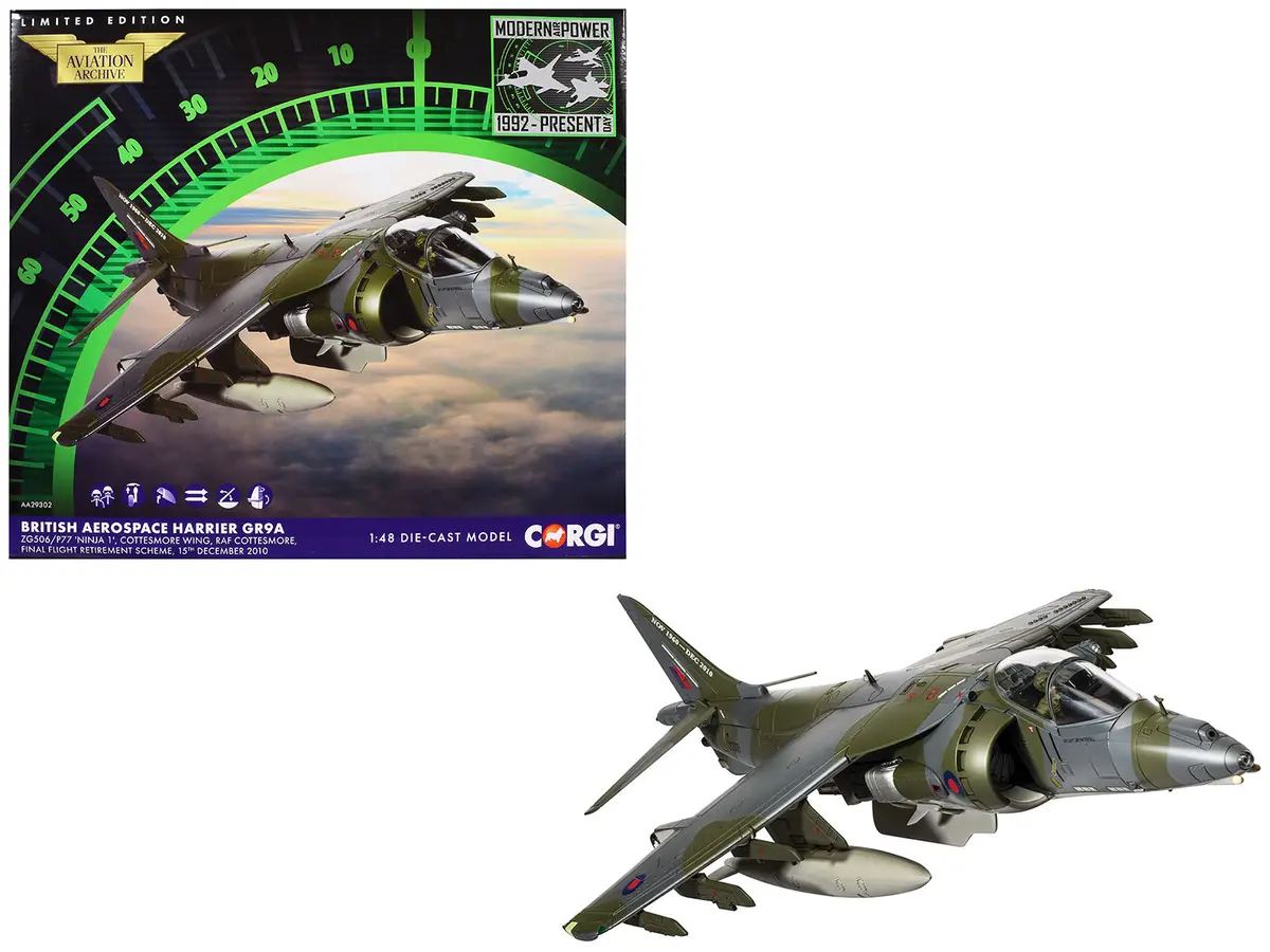 British Aerospace Harrier Gr9a Aircraft "Zg506/P77 Ninja 1 Raf Cottesmore Final Flight Retirement Scheme" (2010) Royal Air Force "The Aviation Archive" Series 1/48 Diecast Model By Corgi 1