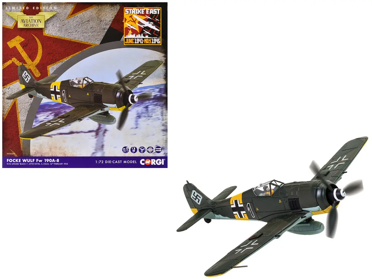 Focke-Wulf Fw 190A-8 Fighter Aircraft "Black 1 Oberleutnant Otto Kittel 2./Jg54" (1945) German Luftwaffe "The Aviation Archive" Series 1/72 Diecast Model By Corgi 1