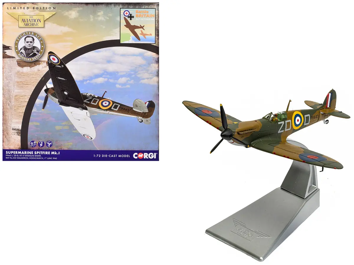 Supermarine Spitfire Mki Fighter Aircraft "P9443 Zd-D Flight Lieutenant Douglas Bader No. 222 Squadron Battle Of Britain" (1940) Royal Air Force "The Aviation Archive" Series 1/72 Diecast Model By Corgi 1