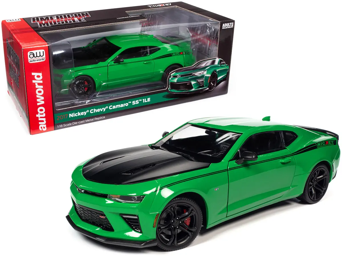 2017 Chevrolet Nickey Camaro Ss 1Le Krypton Green With Matte Black Hood And Black Stripes 1/18 Diecast Model Car By Autoworld 1