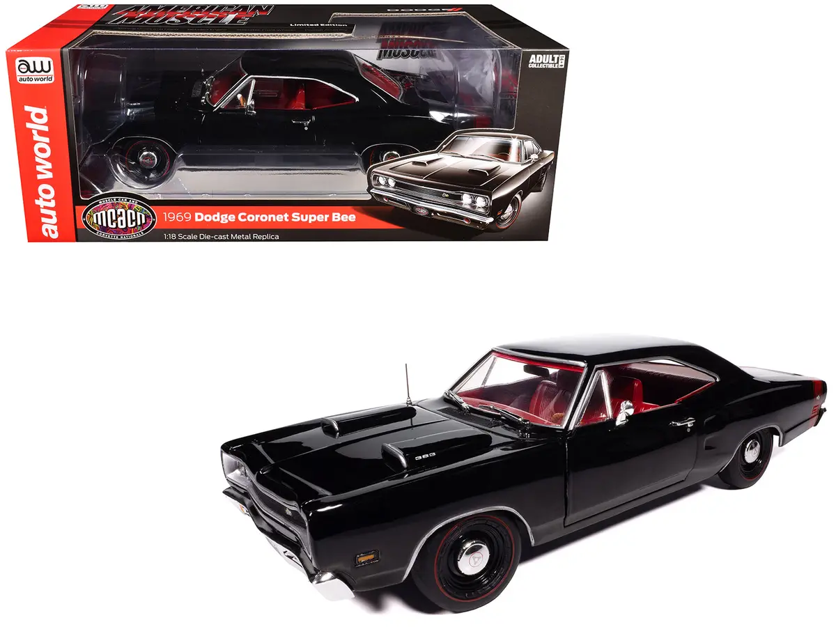 1969 Dodge Coronet Super Bee "Muscle Car & Corvette Nationals" (Mcacn) Black With Red Interior "American Muscle" Series 1/18 Diecast Model Car By Autoworld 1