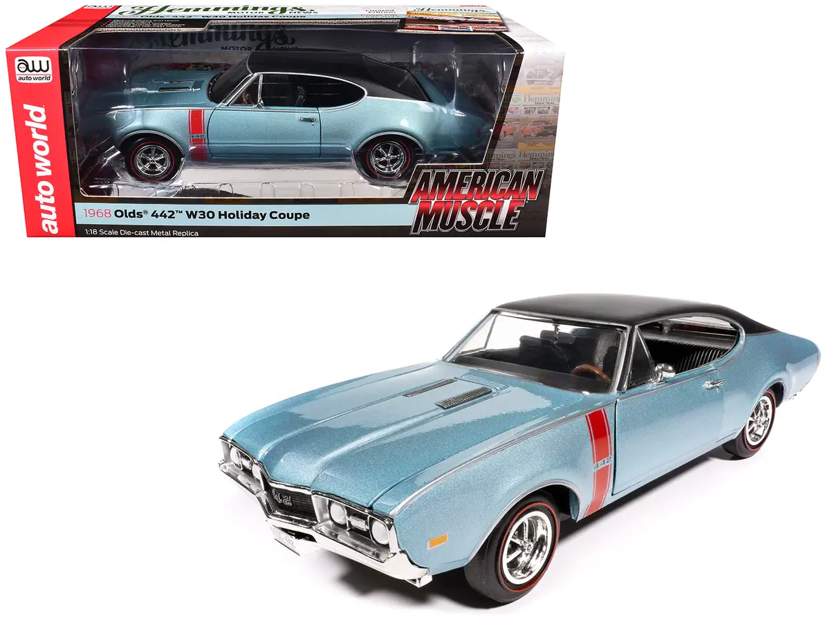 1968 Oldsmobile 442 W30 Holiday Coupe Teal Frost Metallic With Red Stripes And Black Vinyl Top "Hemmings Motor News July 2023 Cover Car" "American Muscle" Series 1/18 Diecast Model Car By Autoworld 1