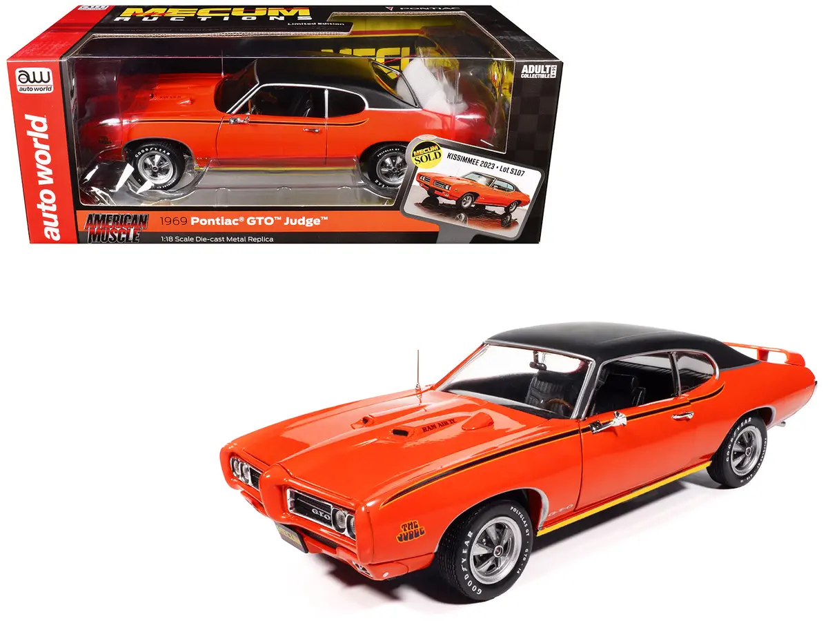1969 Pontiac Gto Judge Carousel Red With Black Stripes And Black Vinyl Top "Mecum Auctions" "American Muscle" Series 1/18 Diecast Model Car By Autoworld 1