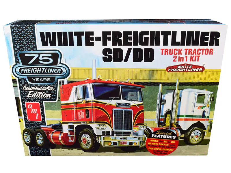 White Freightliner Sd/Dd Truck Tractor (2 In 1 Kit) With Display Base Model Kit (Skill Level 3) "75Th Freightliner Anniversary" Commemorative Edition 1/25 Scale Model By Amt 1
