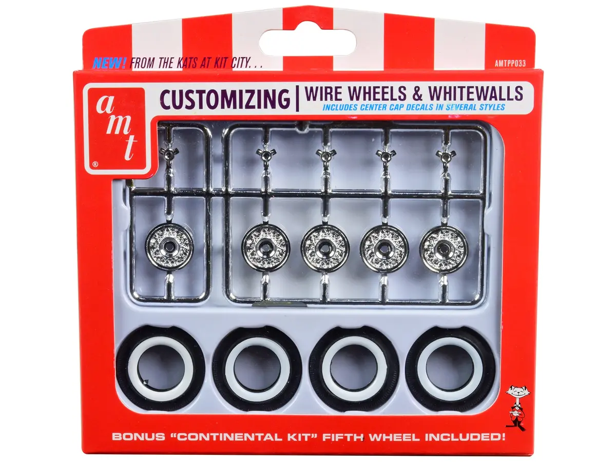 Wire Wheels And Whitewall Tires (4 Piece Set) With Bonus Continental Kit 5Th Wheel For 1/25 Scale Models By Amt 1