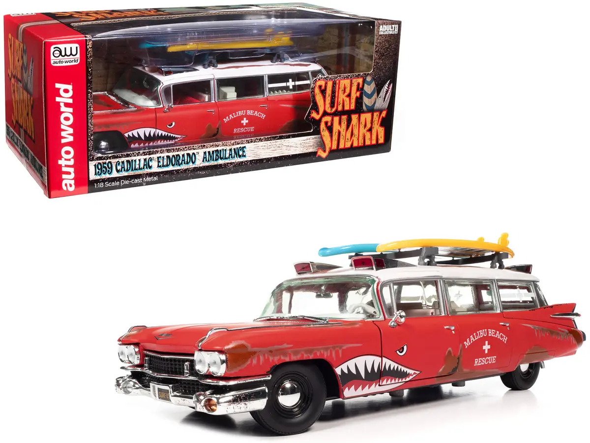1959 Cadillac Eldorado Ambulance Red With White Top "Malibu Beach Rescue" (Weathered) With Surfboards On Roof "Surf Shark" 1/18 Diecast Model Car By Autoworld 1